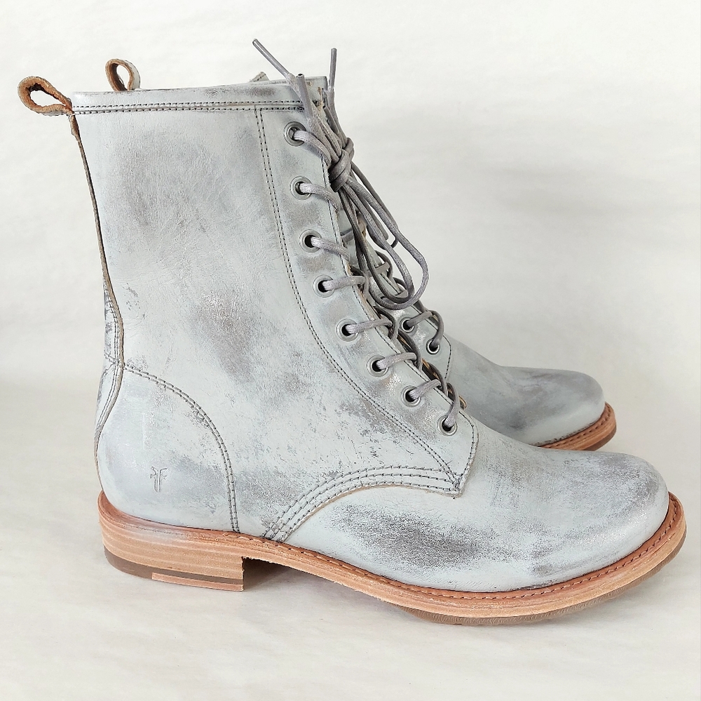 Frye Veronica Combat Boot Mid-Calf Laceup Women Size 11 Silver Burnished Leather - Picture 3 of 16